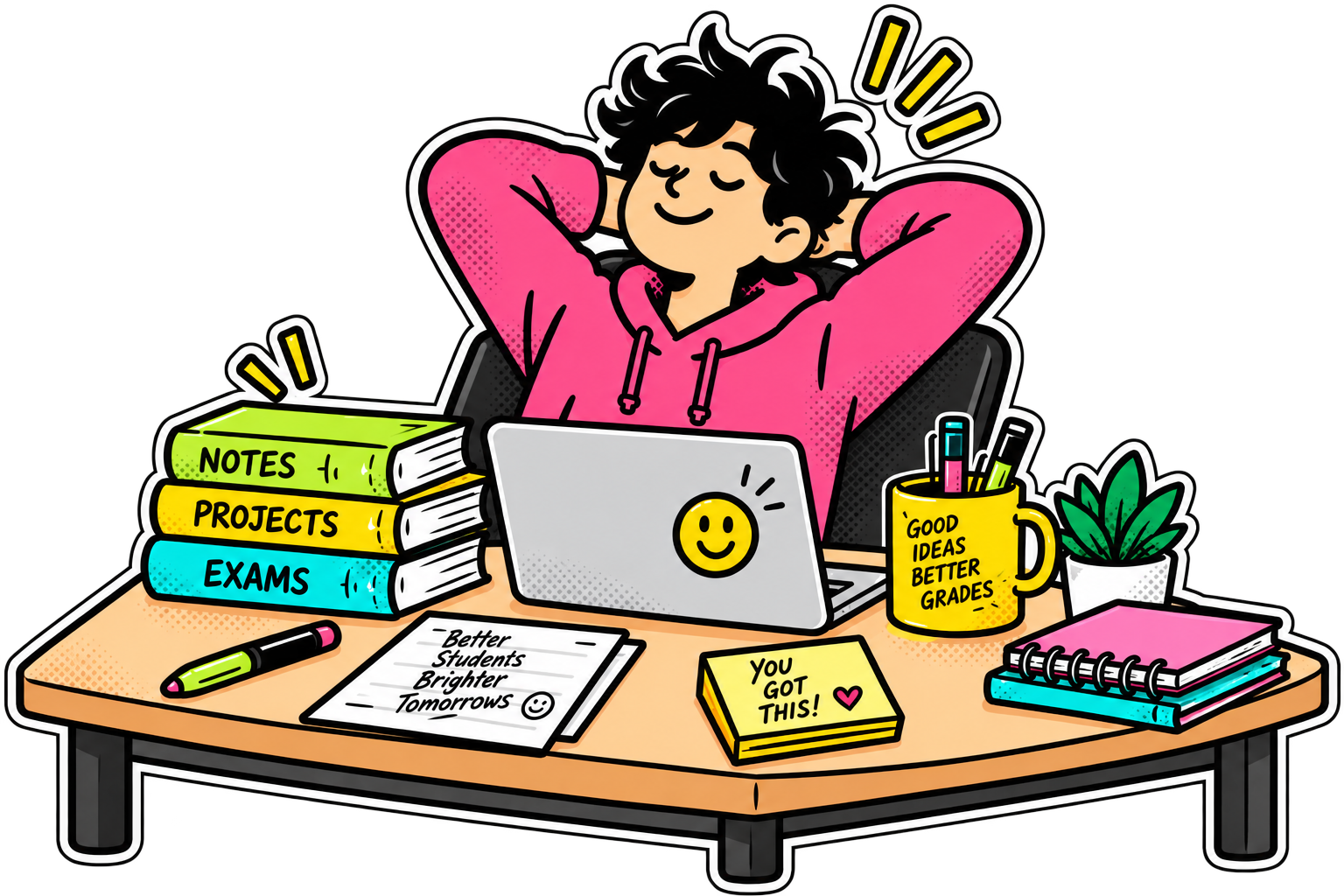 Relaxed college student enjoying stress-free assignment submission